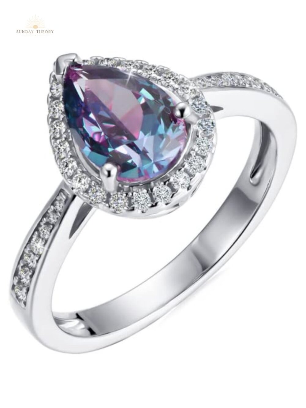 Solid 925 Sterling Silver Alexandrite Ring June Birthstone Oval Pear Halo